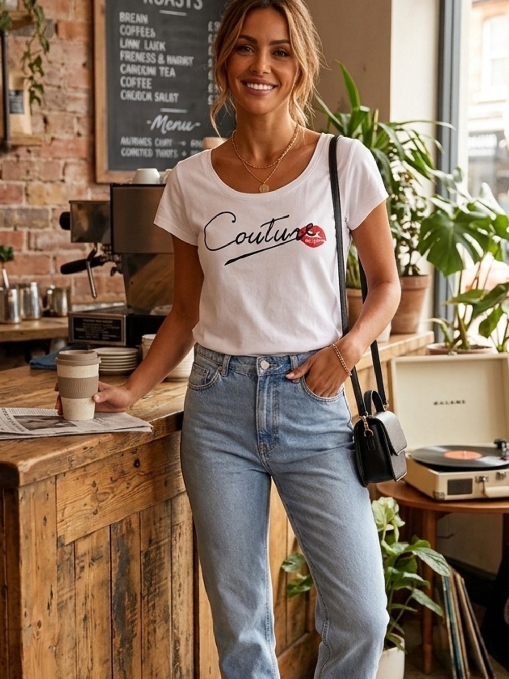 Costa Blanca White Couture Script Scoop Neck Graphic Tee L
